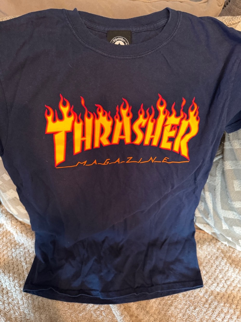Thrasher Navy Tee with Red and Yellow Flame Logo